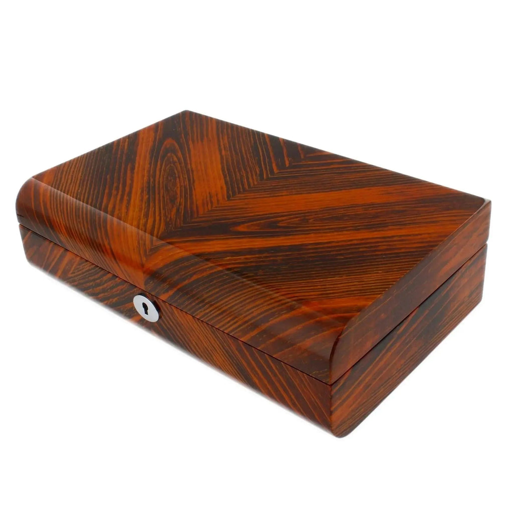 The Aevitas Premium Quality Tiger Striped Wood 10 Watch Box features a glossy dark brown and reddish grain pattern, solid lid, and a silver-colored keyhole on the front—an elegant storage solution for your watches.