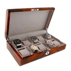 The Premium Quality Tiger Striped Wood 10 Watch Box with Solid Lid by Aevitas offers elegant storage for ten wristwatches, each in its own cushioned compartment—a refined showcase of luxury from the renowned brand Aevitas.