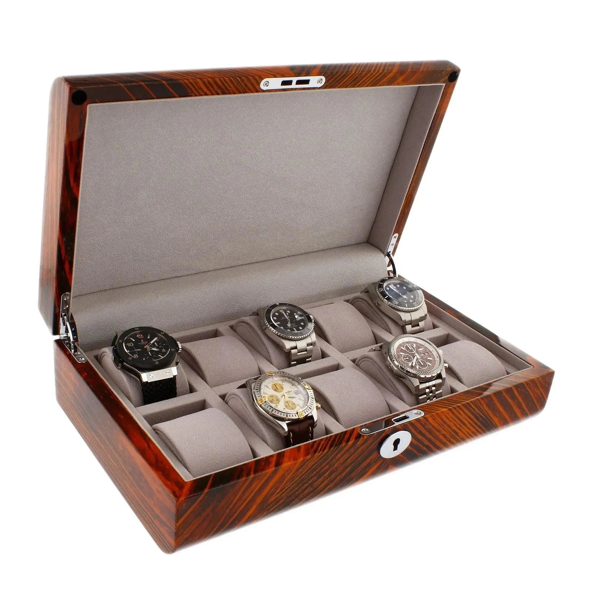 The Premium Quality Tiger Striped Wood 10 Watch Box with Solid Lid by Aevitas offers elegant storage for ten wristwatches, each in its own cushioned compartment—a refined showcase of luxury from the renowned brand Aevitas.