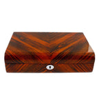 The Aevitas Premium Quality Tiger Striped Wood 10 Watch Box features a solid lid, chevron pattern, and keyhole—offering stylish, secure storage for your prized timepieces.