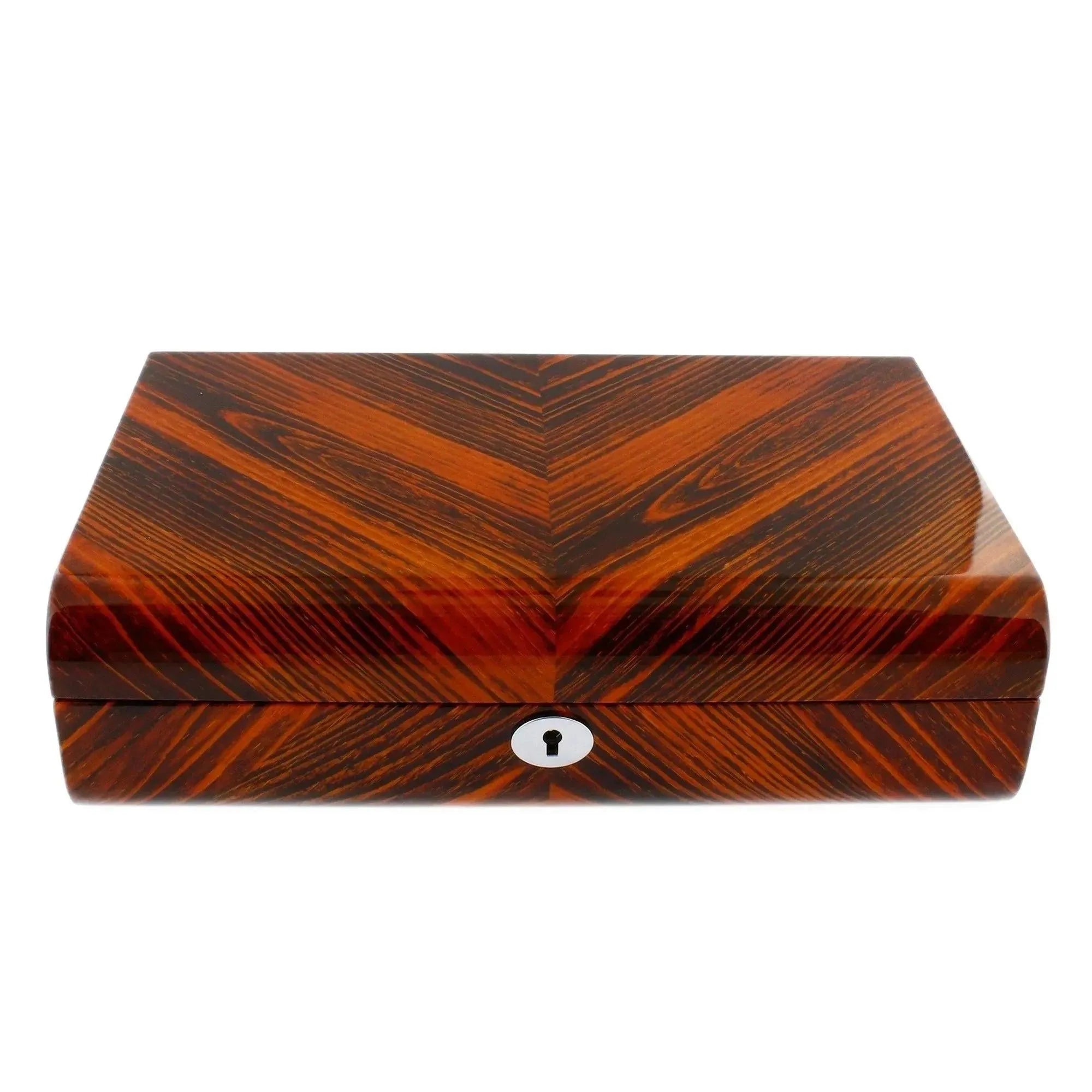 The Aevitas Premium Quality Tiger Striped Wood 10 Watch Box features a solid lid, chevron pattern, and keyhole—offering stylish, secure storage for your prized timepieces.