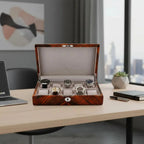 Premium tiger striped wood 10-watch box with solid lid, plush suedette interior, holding five watches.