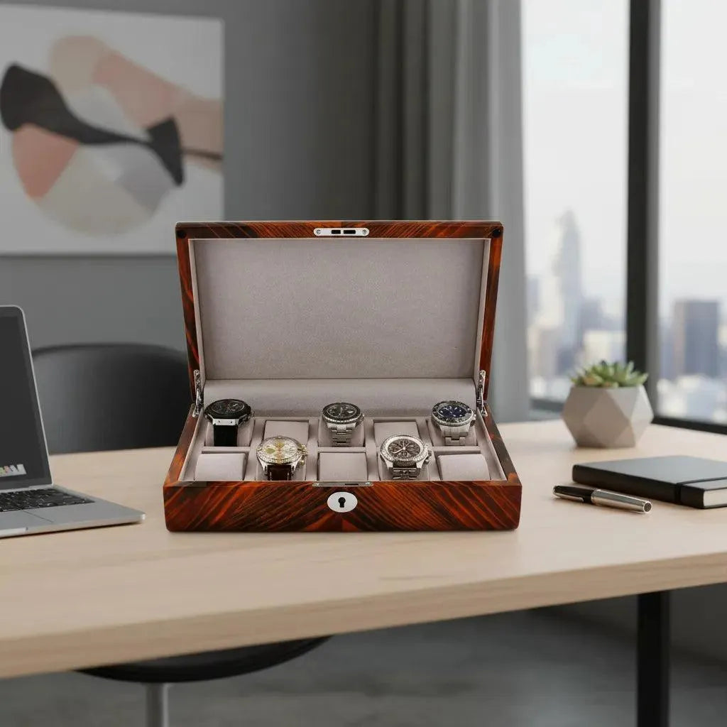 Premium tiger striped wood 10-watch box with solid lid, plush suedette interior, holding five watches.
