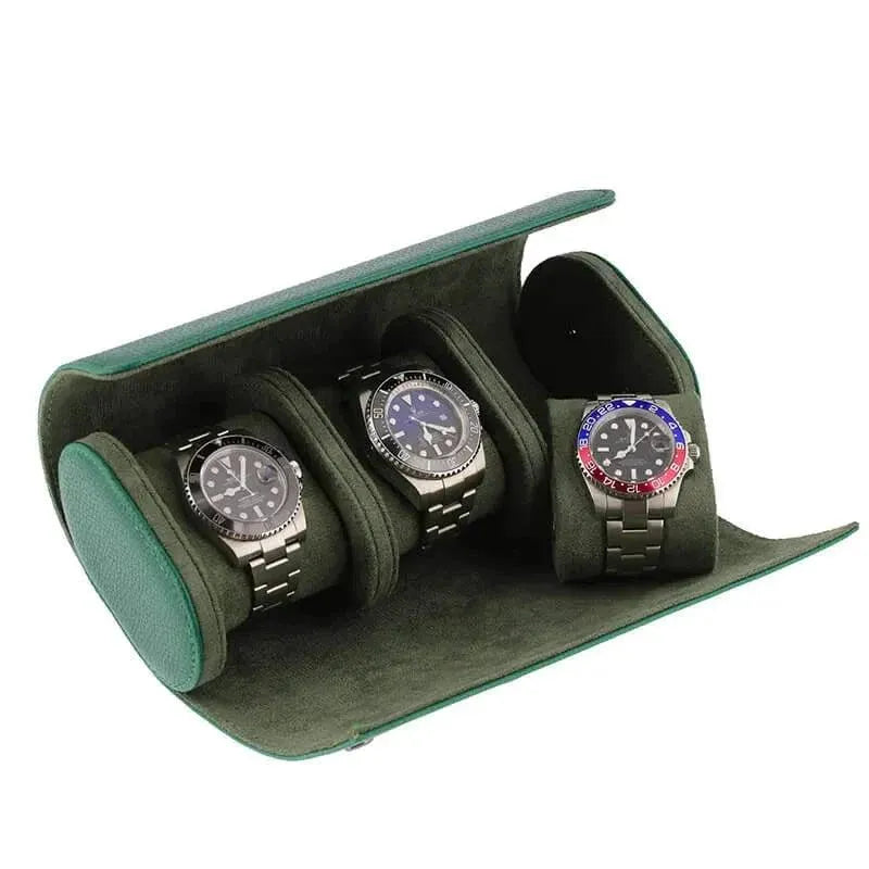 Premium Triple Green Leather Watch Roll with Super Soft Suede Lining