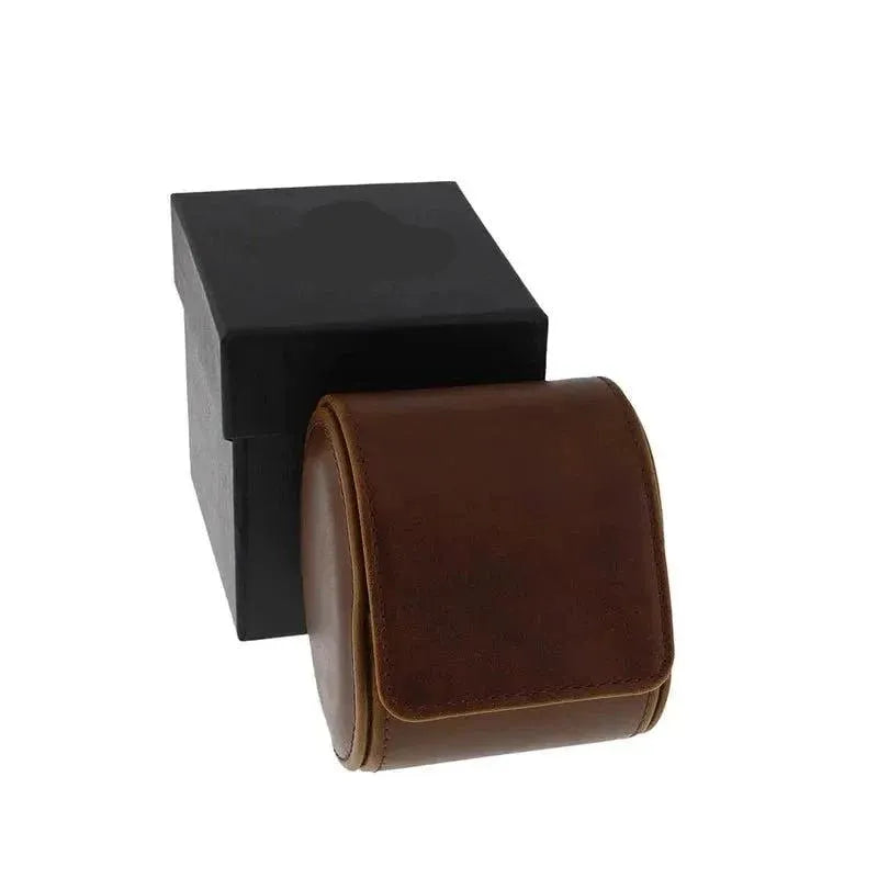  Single Watch Roll in vintage brown leather with super soft grey suede lining by Tempus is shown in front of a branded black box, making it an ideal travel watch case.