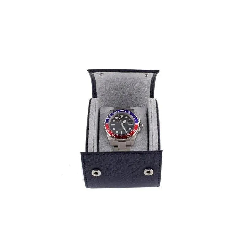 Single Watch Roll in Navy Blue Saffiano Real Leather with Super Soft Lining