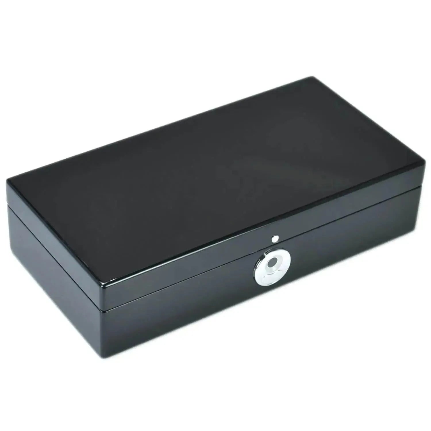 The Tempus Luxury Watch Winders Tempus 10 Watch Box in Black Piano Finish features a 10-slot interior and a silver biometric lock on the front center, displayed closed against a white background.