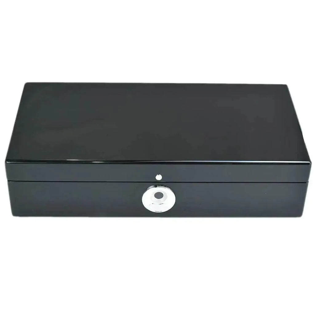 The Tempus Luxury Watch Winders Tempus 10 Watch Box in black piano finish features a shiny silver circular biometric lock on the front, shown against a white background.