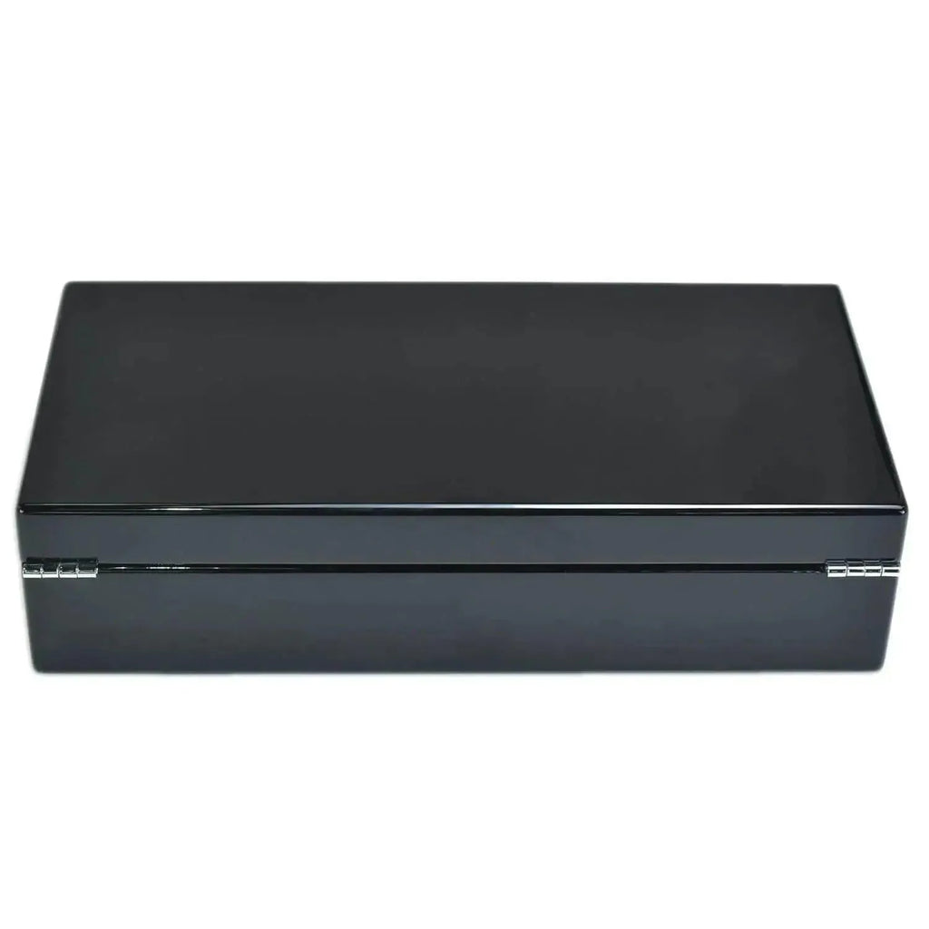 The Tempus 10 Watch Box in Black Piano Finish by Tempus Luxury Watch Winders features a biometric lock and metal hinges, shown closed with a sleek, glossy black exterior against a white background.