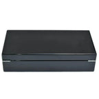 The Tempus 10 Watch Box in Black Piano Finish by Tempus Luxury Watch Winders features a biometric lock and metal hinges, shown closed with a sleek, glossy black exterior against a white background.