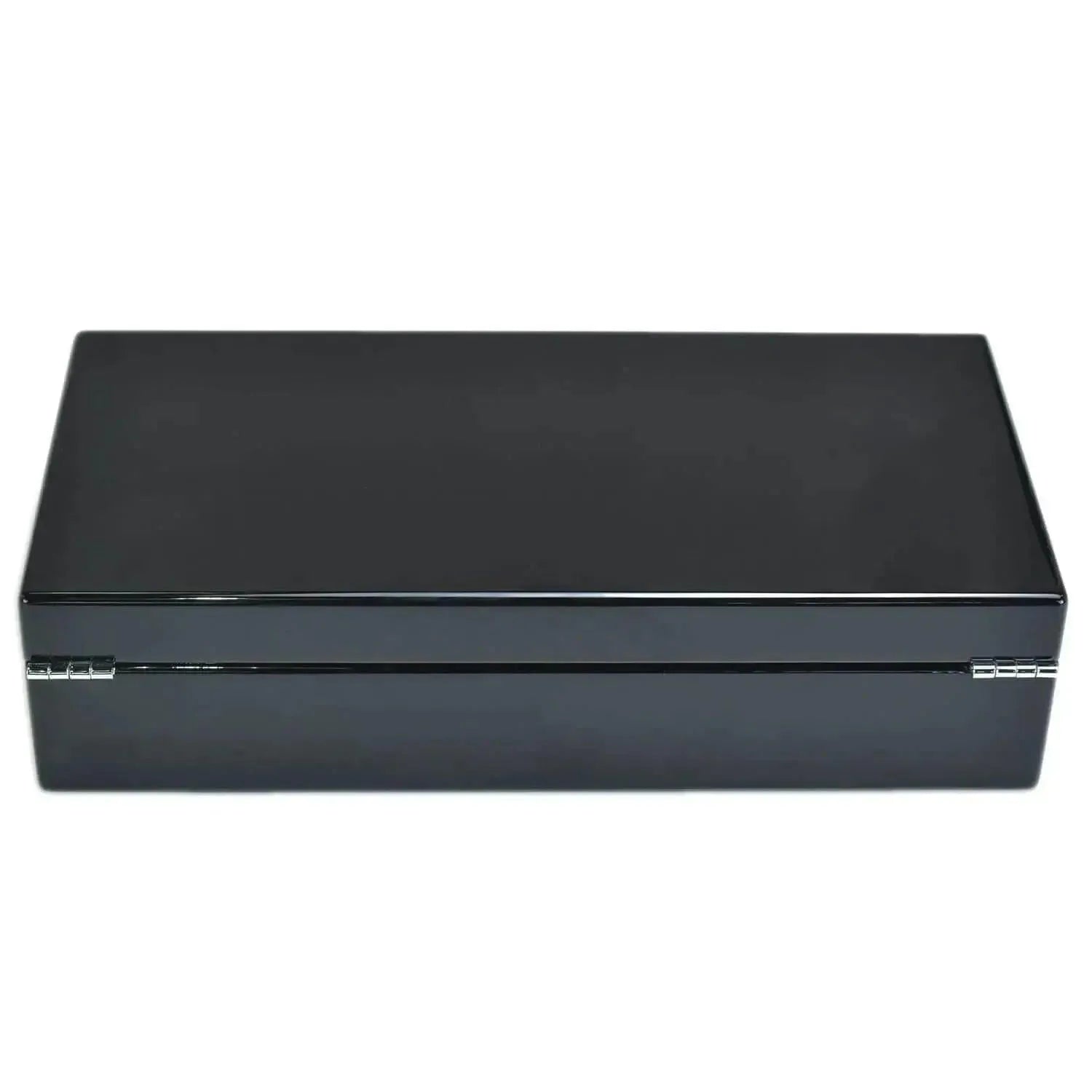 The Tempus 10 Watch Box in Black Piano Finish by Tempus Luxury Watch Winders features a biometric lock and metal hinges, shown closed with a sleek, glossy black exterior against a white background.