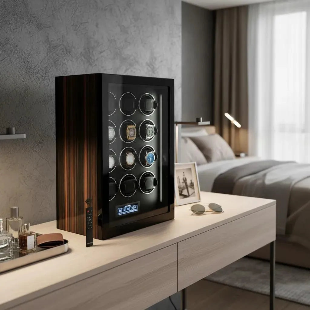 The Tempus 12 Watch Winder for Automatic Watches by Tempus Luxury Watch Winders, featuring a glass door and touch screen, sits on a wooden dresser in a stylish bedroom alongside sunglasses, a remote, and drinks, adding to the modern ambiance.