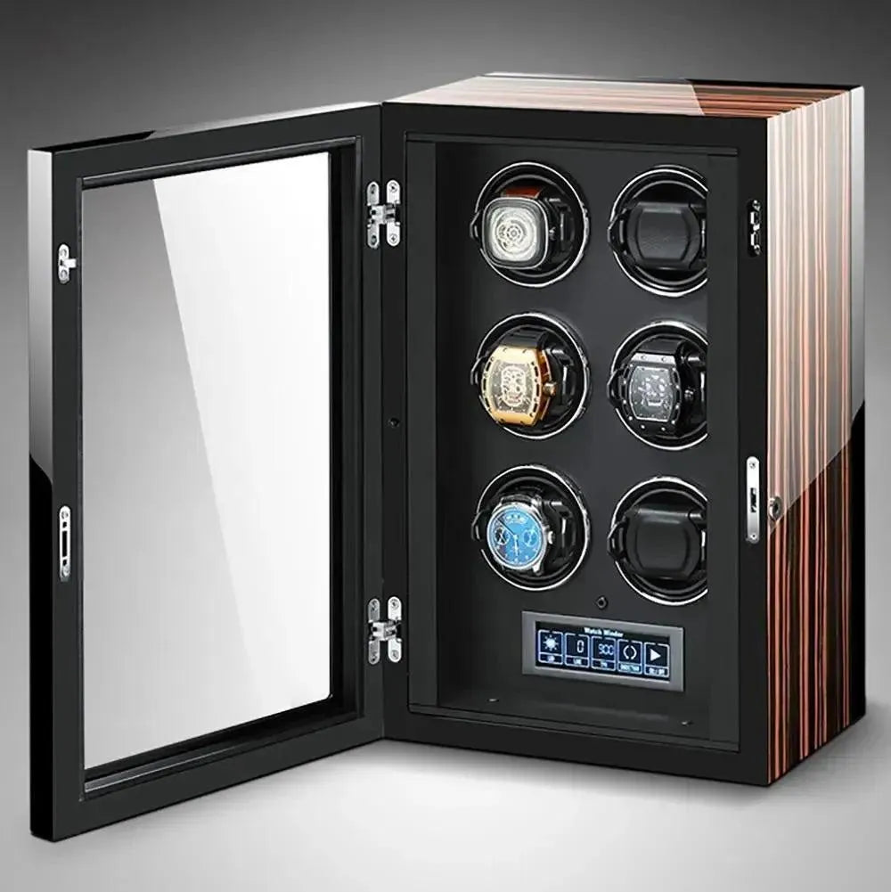 The Tempus 12 Watch Winder by Tempus Luxury Watch Winders features a glossy wood and black finish, a glass door, touch screen control panel, and displays up to twelve automatic watches in individual rotating slots.