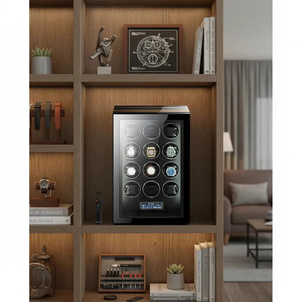 A wooden shelf holds the Tempus 12 Watch Winder for Automatic Watches by Tempus Luxury Watch Winders, featuring several timepieces, books, decorative items, extra wristwatches, and tools, with a living room visible in the background.