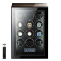 The Tempus 12 Watch Winder by Tempus Luxury Watch Winders features a black, glossy finish, twelve circular slots for automatic watches, a bottom touch screen control panel, and comes with a remote control for convenience.