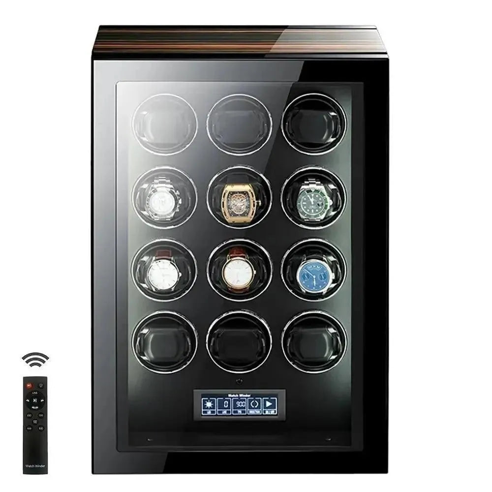 The Tempus 12 Watch Winder by Tempus Luxury Watch Winders features a black, glossy finish, twelve circular slots for automatic watches, a bottom touch screen control panel, and comes with a remote control for convenience.