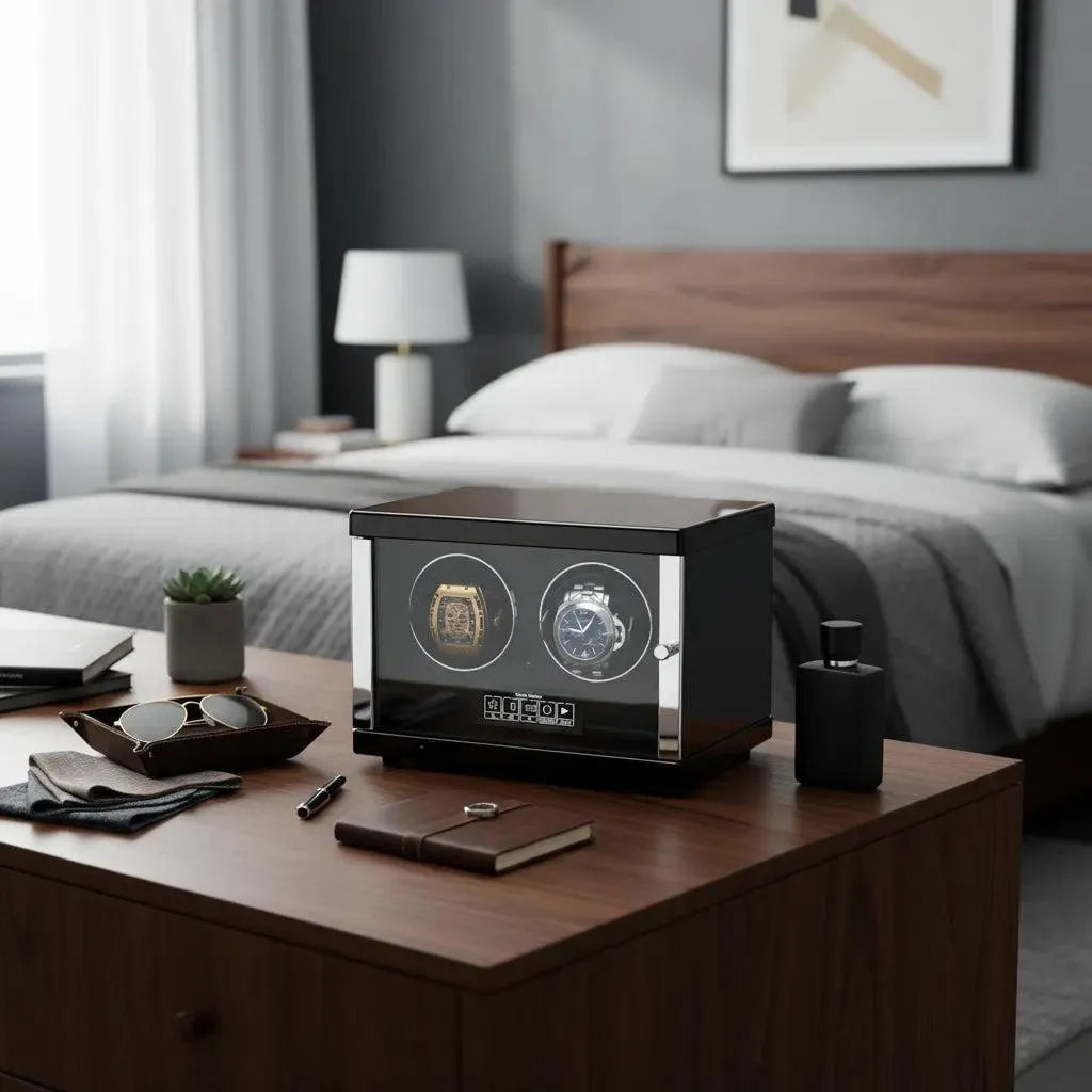 A modern bedroom with a wooden bed and grey bedding. On a dresser in the foreground is a Tempus Luxury Watch Winders Tempus 2 Watch Winder Automatic Watches with Touch Screen, plus sunglasses, pen, watch strap, plant, cologne, and a notebook.