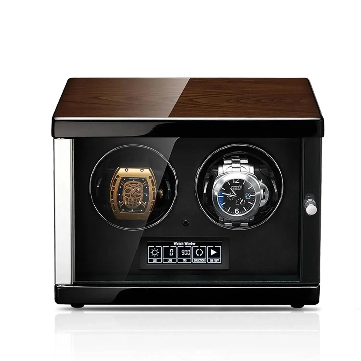 The Tempus 2 Watch Winder by Tempus Luxury Watch Winders features a black and wood finish, glass front, touch screen controls, and holds two automatic watches. A metallic knob on the side adds to its modern elegance.