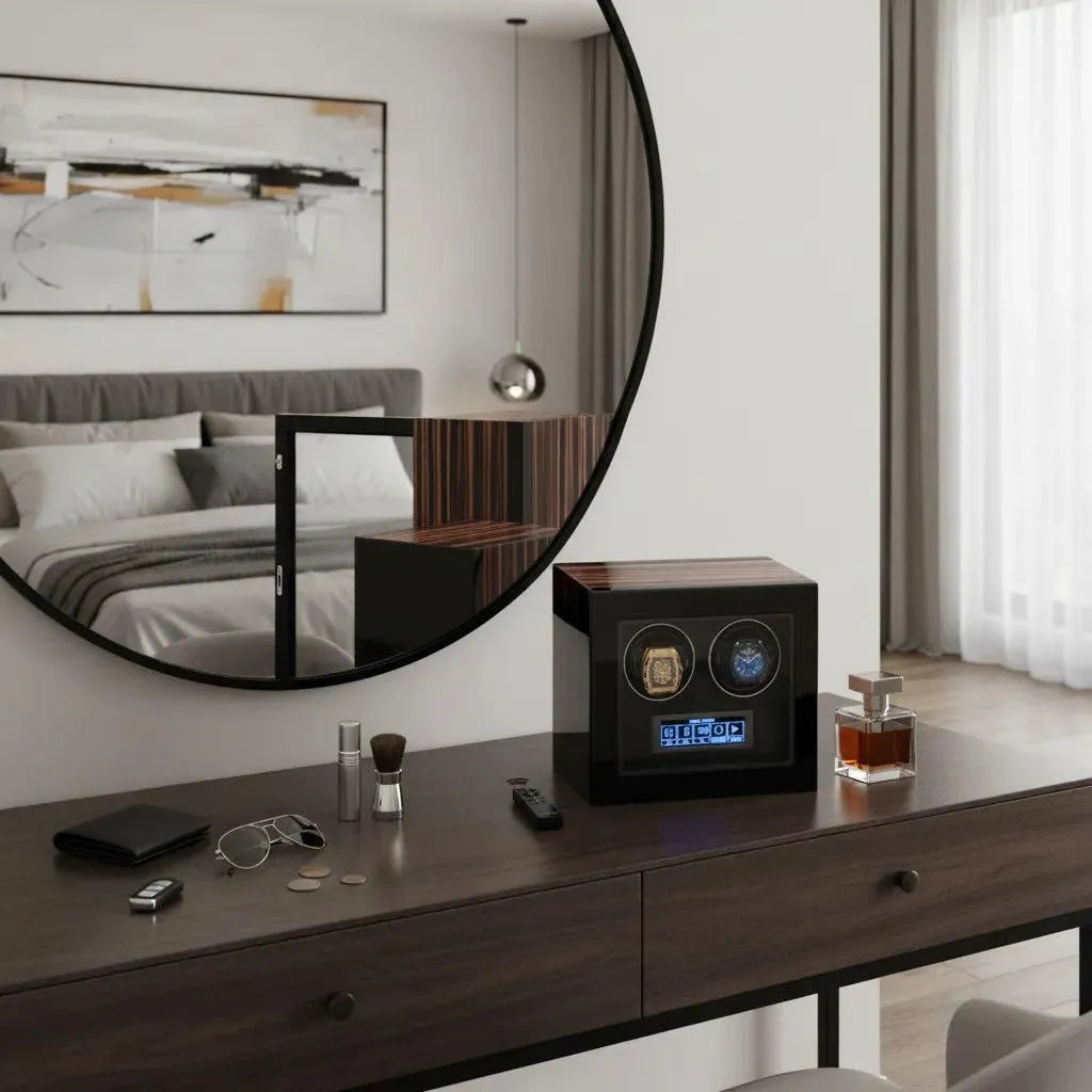 A modern bedroom has a large round mirror above a dark wood dresser displaying the Tempus Luxury Watch Winders’ Tempus 2 Watch Winder for Automatic Watches with Touch Screen, plus perfume, sunglasses, shaving brush, razor, coins, and keys. Bed and art are reflected.