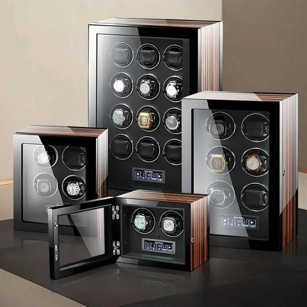 The Tempus 2 Watch Winder for Automatic Watches by Tempus Luxury Watch Winders is shown in black and wood finishes. Three are closed, displaying watches through glass doors, while one open unit reveals multiple timepieces in individual slots.
