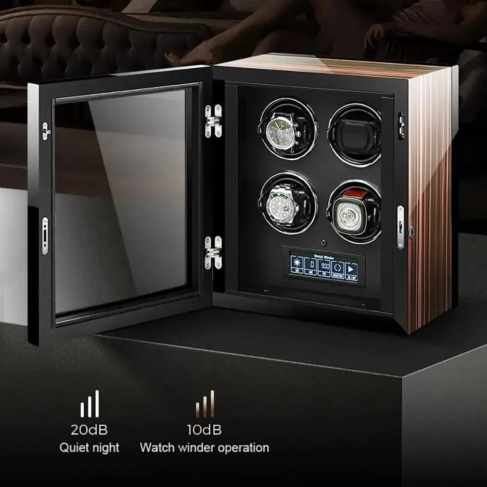 The Tempus 2 Watch Winder by Tempus Luxury Watch Winders features a glass door, holds four automatic watches, and offers a touch screen control panel. Its quiet operation ensures noise levels of just 20dB at night and 10dB during normal use.