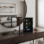 A modern bedroom features a round mirror above a dark wooden dresser. On the dresser are sunglasses, coins, grooming items, cologne, and a Tempus Luxury Watch Winders Tempus 2 Watch Winder with Touch Screen displaying six automatic watches.