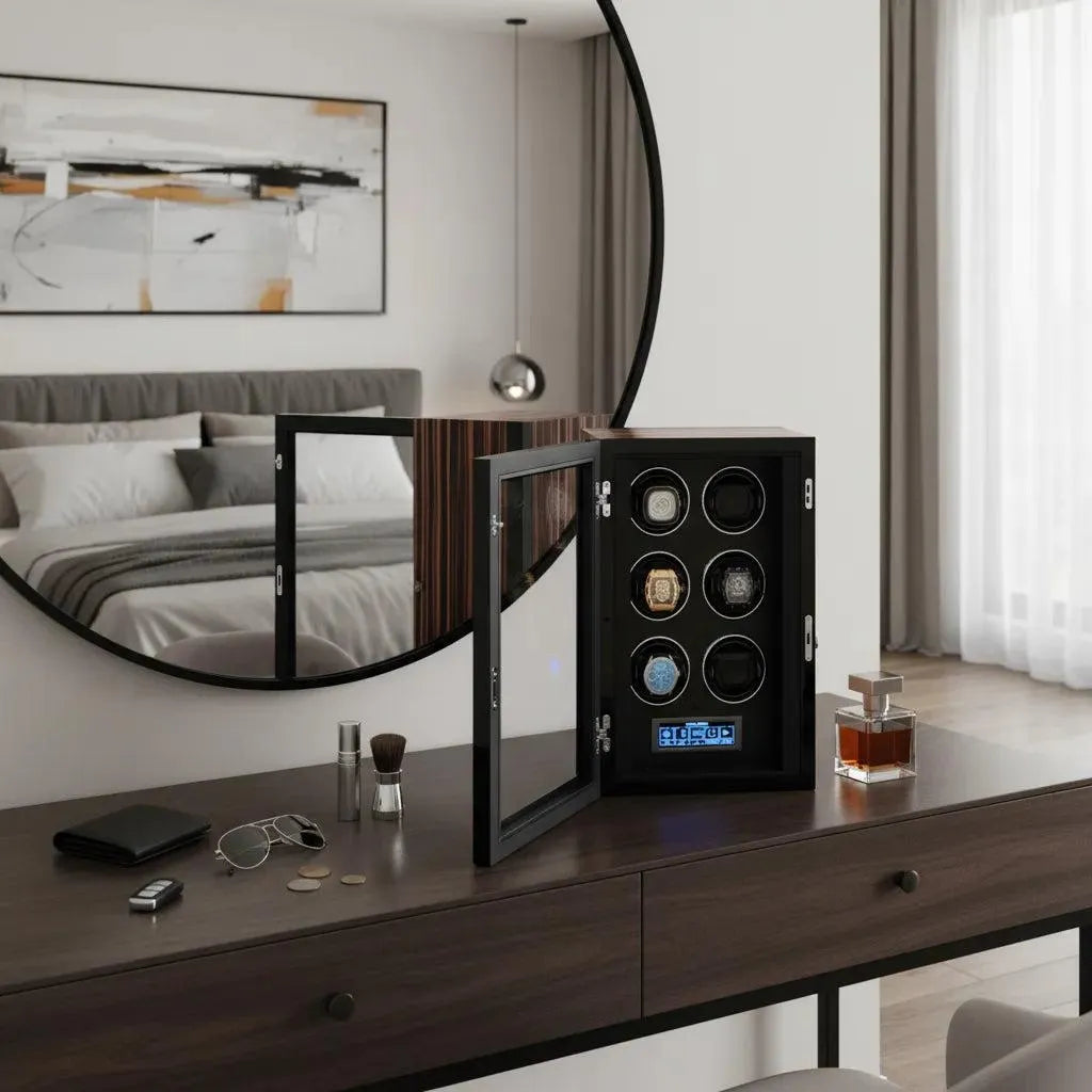 A modern bedroom features a round mirror above a dark wooden dresser. On the dresser are sunglasses, coins, grooming items, cologne, and a Tempus Luxury Watch Winders Tempus 2 Watch Winder with Touch Screen displaying six automatic watches.