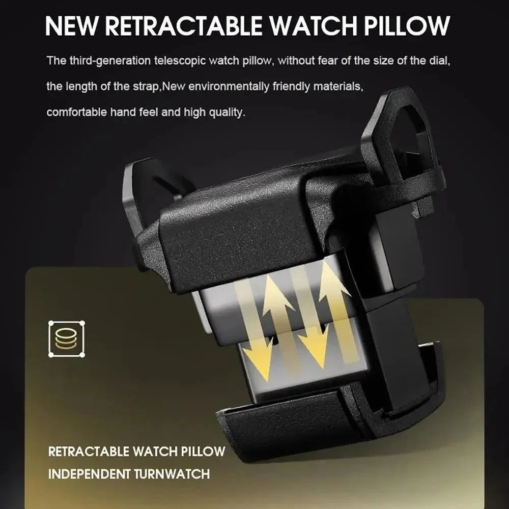 The Tempus Luxury Watch Winders Tempus 2 Watch Winder for Automatic Watches features a retractable black pillow, shown with yellow arrows to indicate adjustability, offering eco-friendly comfort and high-quality design for your timepieces.