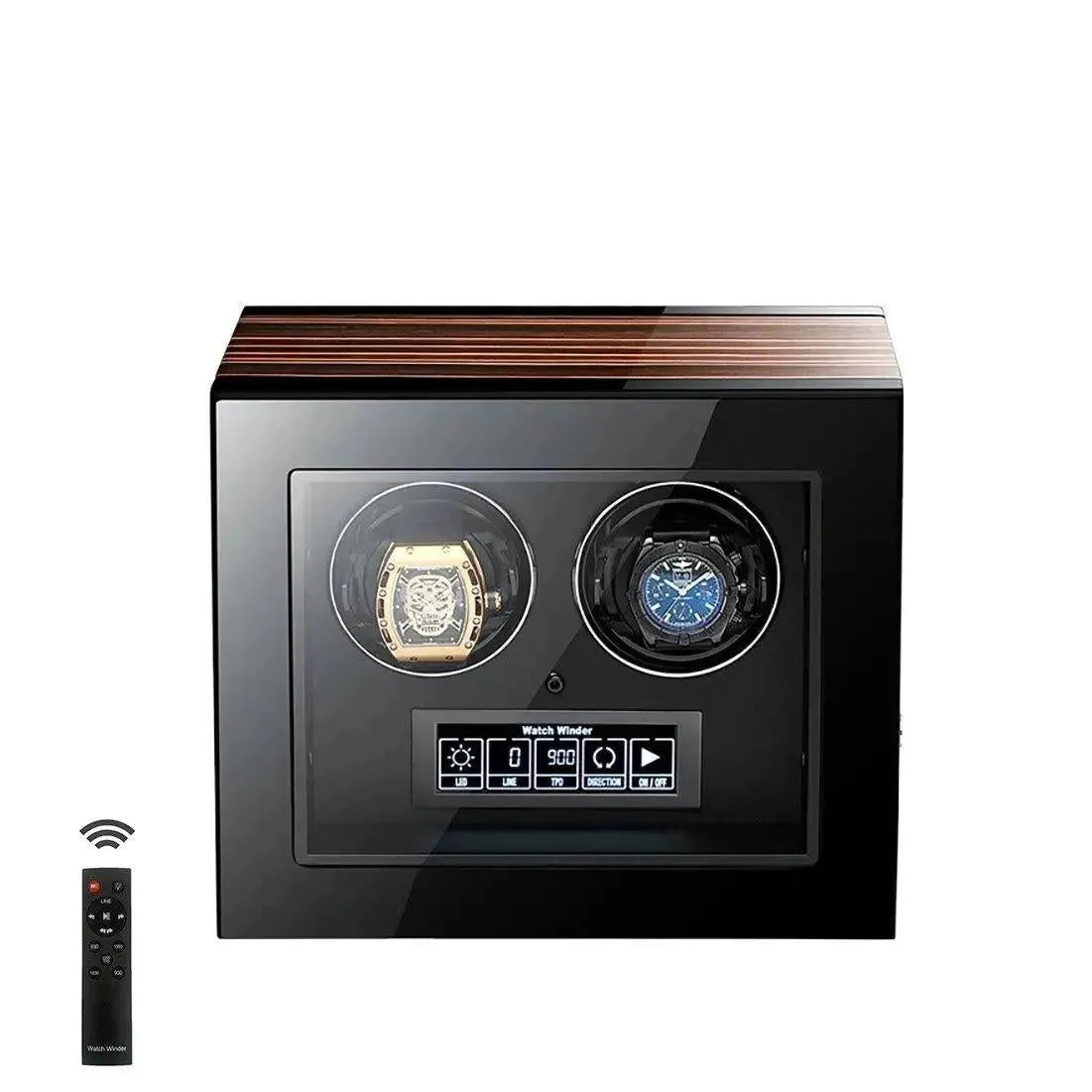The Tempus 2 Watch Winder for Automatic Watches by Tempus Luxury Watch Winders features a black design, glass front, digital touch screen control, and comes with a remote—an elegant addition to your luxury watch box collection.