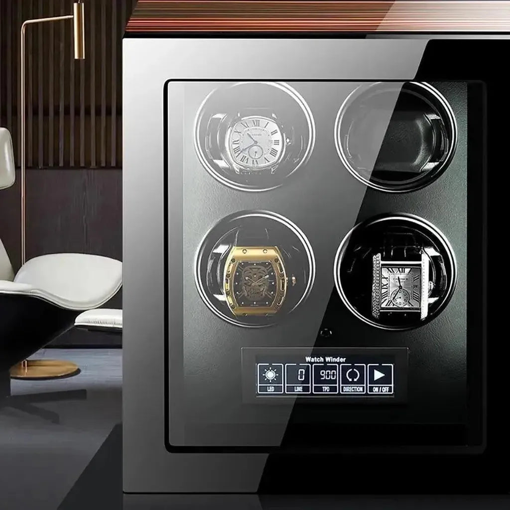 The Tempus 4 Watch Winder by Tempus Luxury Watch Winders features a glass front, three rotating slots to display your automatic watches plus one empty slot, and a digital touch screen control panel for precise adjustments.