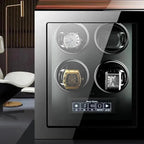 The Tempus 4 Watch Winder by Tempus Luxury Watch Winders features a glass front, three rotating slots to display your automatic watches plus one empty slot, and a digital touch screen control panel for precise adjustments.