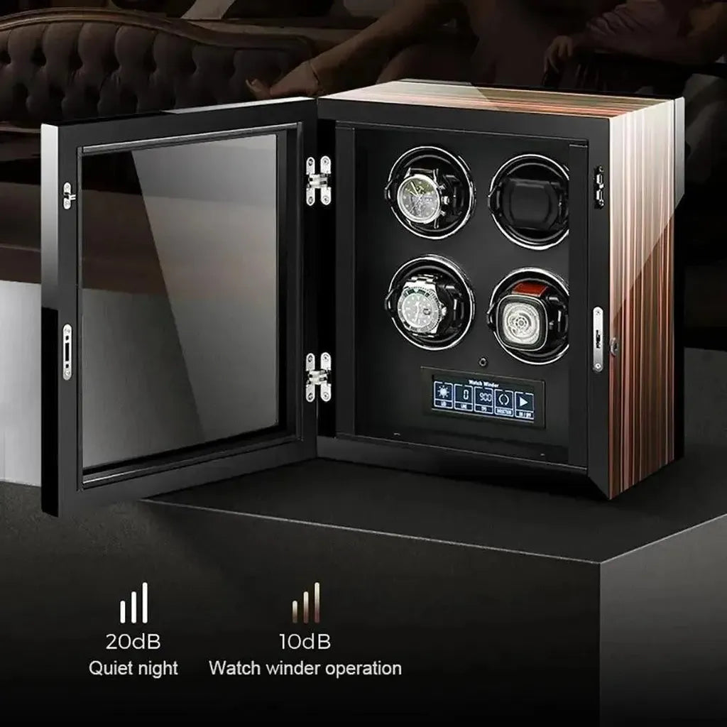 The Tempus 4 Watch Winder for Automatic Watches by Tempus Luxury Watch Winders is shown open, featuring a glass door, four winding slots, and a touch screen panel. Icons below show 20dB Quiet Night and 10dB operation noise.