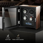 The Tempus 4 Watch Winder for Automatic Watches by Tempus Luxury Watch Winders is shown open, featuring a glass door, four winding slots, and a touch screen panel. Icons below show 20dB Quiet Night and 10dB operation noise.