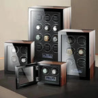 The Tempus 4 Watch Winder for Automatic Watches by Tempus Luxury Watch Winders features glass doors, displaying several timepieces. Three winders are closed, one is open, revealing a modern wood-accented design and touch screen controls.