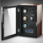 The Tempus 4 Watch Winder for Automatic Watches by Tempus Luxury Watch Winders displays four watches in individual rotating slots, features a glossy wood finish, a glass door, and a touch screen control panel at the bottom.