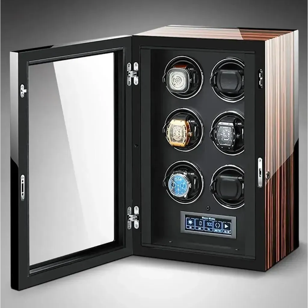 The Tempus 4 Watch Winder for Automatic Watches by Tempus Luxury Watch Winders displays four watches in individual rotating slots, features a glossy wood finish, a glass door, and a touch screen control panel at the bottom.