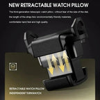A black retractable watch pillow with arrows shows its expanding and contracting motion; the new eco-friendly, comfortable, high-quality design fits any Tempus 4 Watch Winder by Tempus Luxury Watch Winders—ideal for luxury automatic watches.