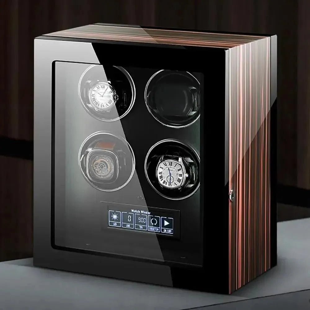 The Tempus 6 Watch Winder for Automatic Watches by Tempus Luxury Watch Winders, featuring a sleek glass front, wood-grain finish, digital touch screen, and six slots—two displaying luxury watches—rests on a gray surface against a dark background.