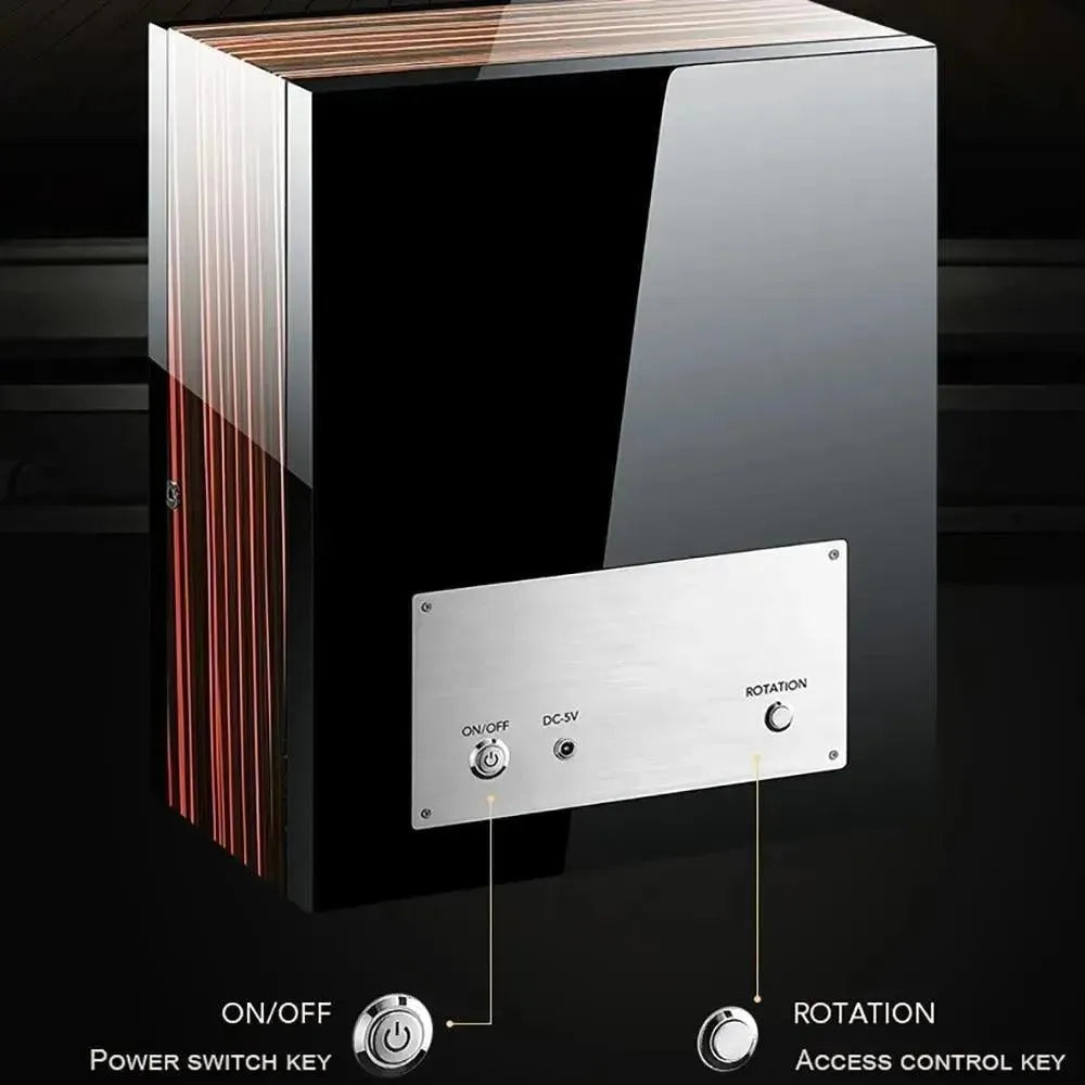 The Tempus 6 Watch Winder by Tempus Luxury Watch Winders is a glossy, rectangular unit with a metal panel featuring ON/OFF and ROTATION touch controls, a wood-like finish on the left side, and labeled lines pointing to each button for easy operation.