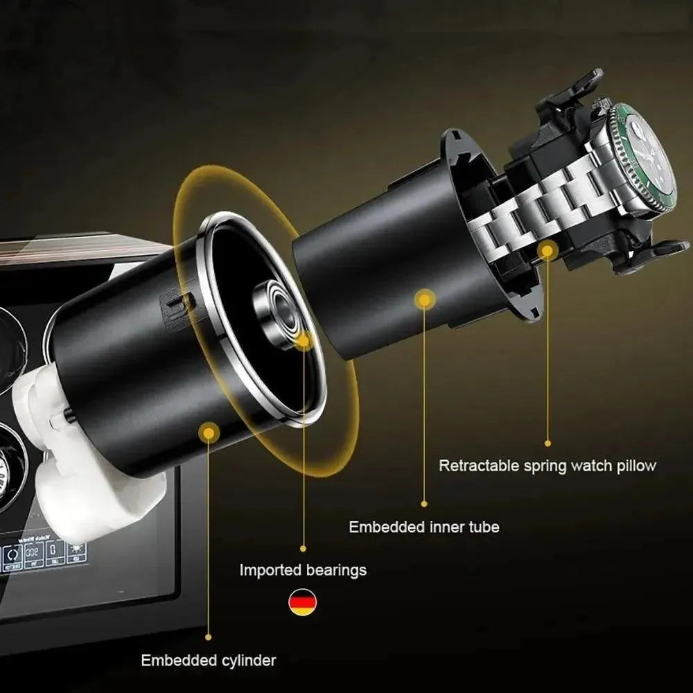 Exploded view of the Tempus 6 Watch Winder by Tempus Luxury Watch Winders, showing a wristwatch on a retractable spring pillow, inner tube, imported bearings, and embedded cylinder—each part clearly labeled.