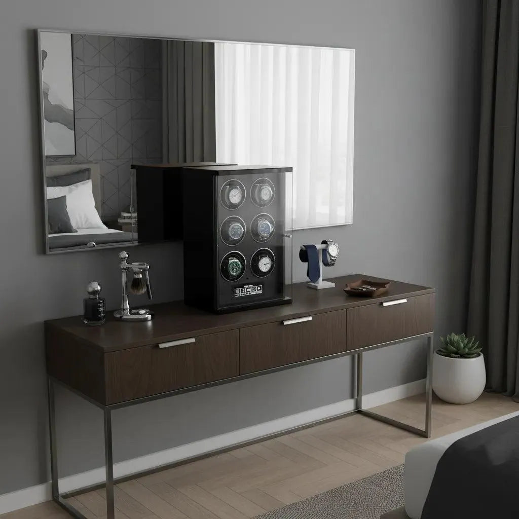 The Tempus 6 Watch Winder by Tempus Luxury Watch Winders features a black and glass design with a wood top, holds six watches in two columns and three rows, and offers touch screen technology with intuitive controls.