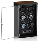 The Tempus 6 Watch Winder by Tempus Luxury Watch Winders securely holds six automatic watches in individual rotating slots, features a stylish black finish with a wooden top, glass door, and offers easy settings via its touch screen control panel.