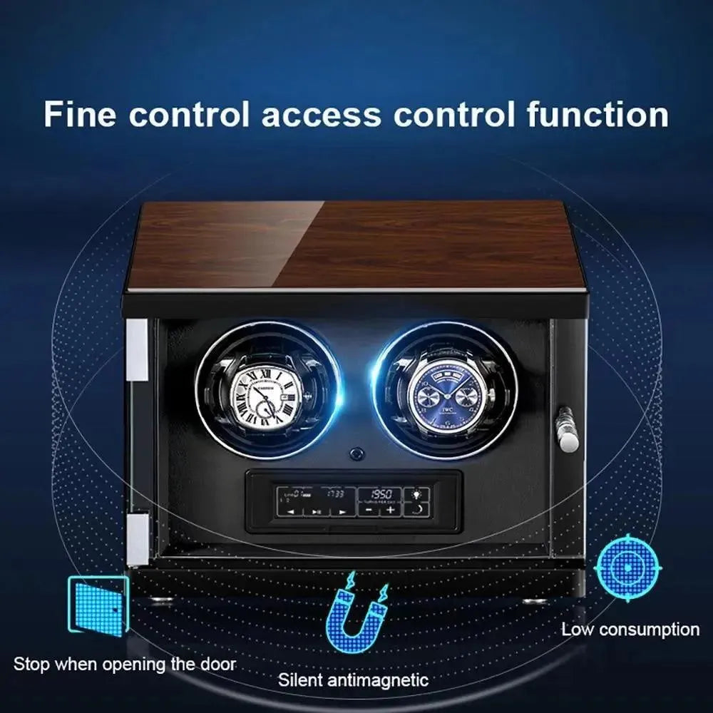 The Tempus 6 Watch Winder for Automatic Watches by Tempus Luxury Watch Winders features two illuminated compartments, a touch screen, fine control, low consumption, silent antimagnetic motor, and stops when the door opens. Blue and black background included.