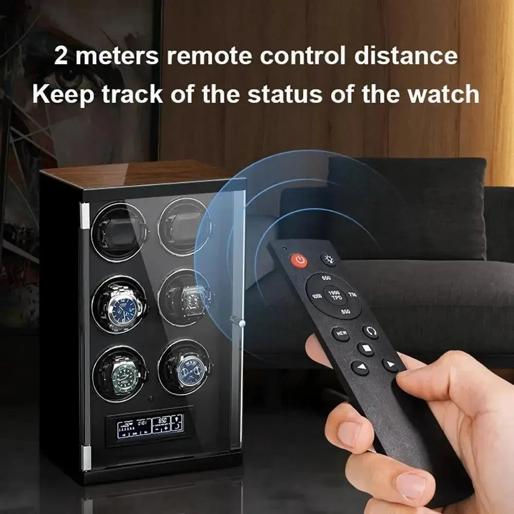 A hand holds a remote pointed at the Tempus 6 Watch Winder by Tempus Luxury Watch Winders, displaying six watches. Text reads “2 meters remote control distance.” Easily monitor your automatic watches via touch screen technology.