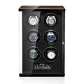 The Tempus 6 Watch Winder by Tempus Luxury Watch Winders features a black and glass design with a wood top, holds six watches in two columns and three rows, and offers touch screen technology with intuitive controls.