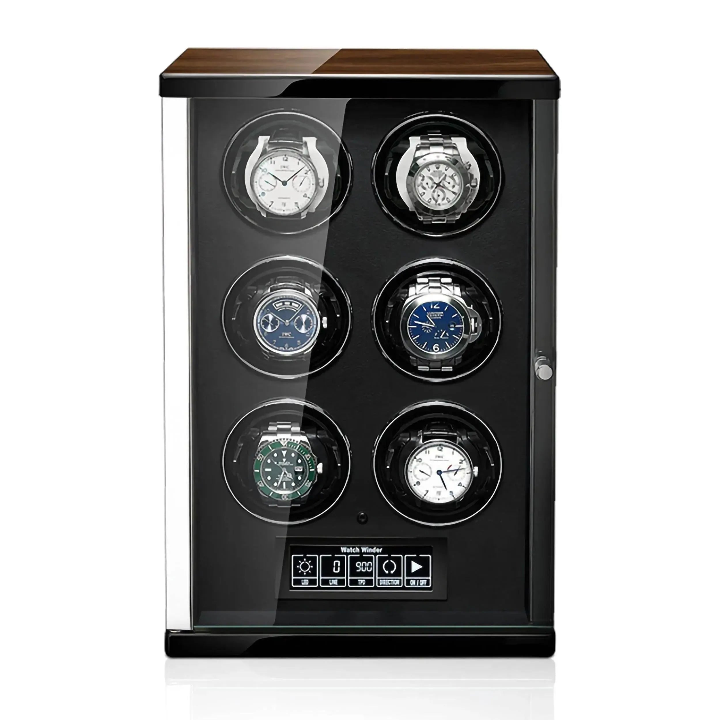 The Tempus 6 Watch Winder by Tempus Luxury Watch Winders features a black and glass design with a wood top, holds six watches in two columns and three rows, and offers touch screen technology with intuitive controls.