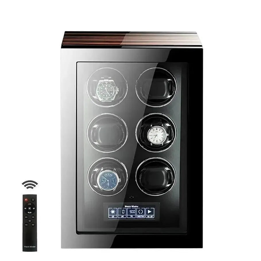 The Tempus 6 Watch Winder for Automatic Watches by Tempus Luxury Watch Winders features a glass front, displays four wristwatches, includes a digital touch screen panel at the bottom, and comes with a black remote control shown on the left.