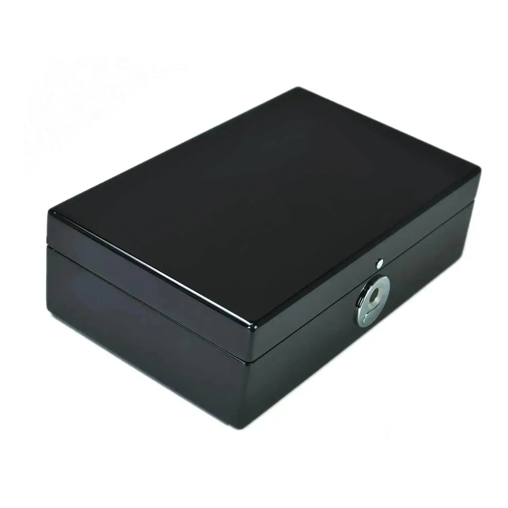 The Tempus 8 Watch Box in Black Piano Finish by Tempus Luxury Watch Winders is shown closed, featuring a biometric lock on the front for secure luxury watch storage against a plain white background.