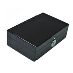 The Tempus 8 Watch Box in Black Piano Finish by Tempus Luxury Watch Winders is shown closed, featuring a biometric lock on the front for secure luxury watch storage against a plain white background.
