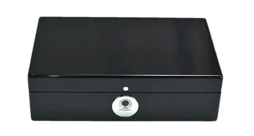 The Tempus 8 Watch Box in Black Piano Finish by Tempus Luxury Watch Winders features a biometric lock and is ideal for luxury watch storage, shown against a white background.